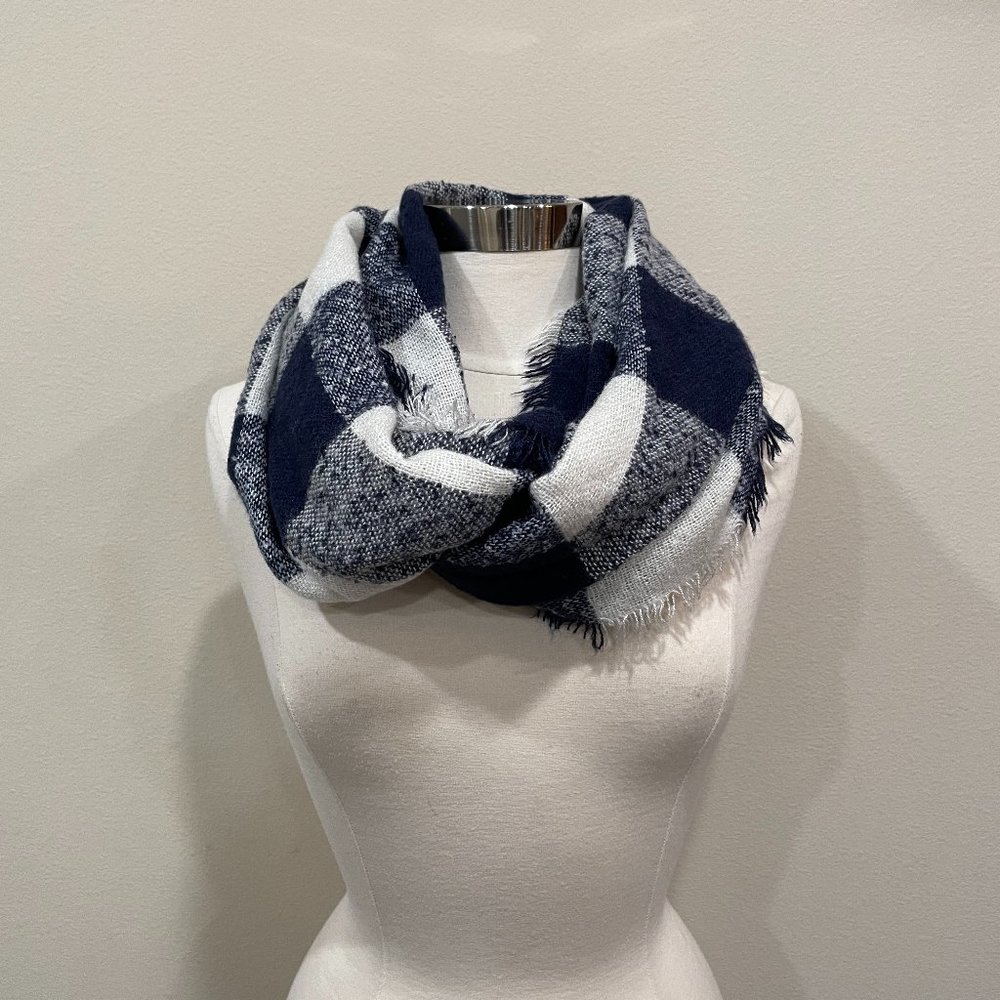 navy blue and cream white plaid infinity scarf